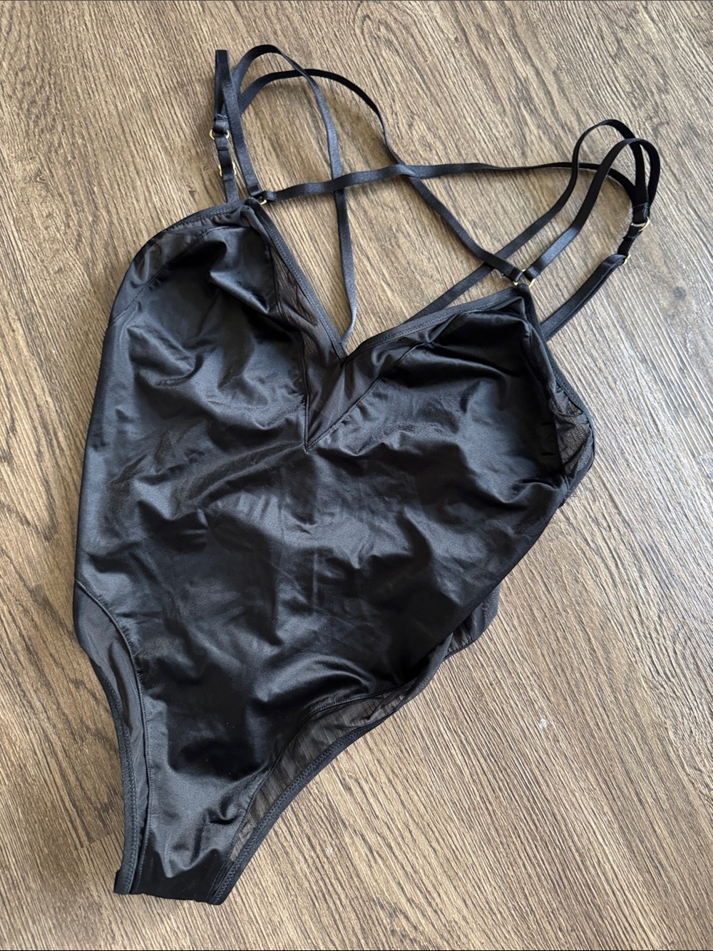 Victoria’s Secret NWT Black Satin Mesh Strappy Bodysuit S